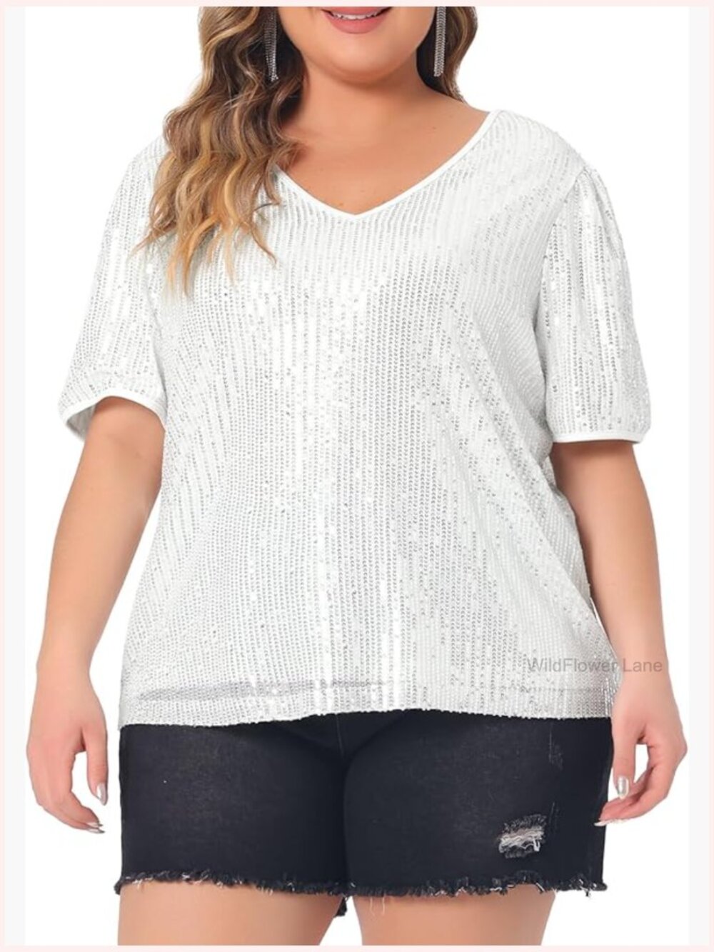 Plus Size Sequin V Neck Short Sleeve Party T-Shirt Blouse Sparkly Top